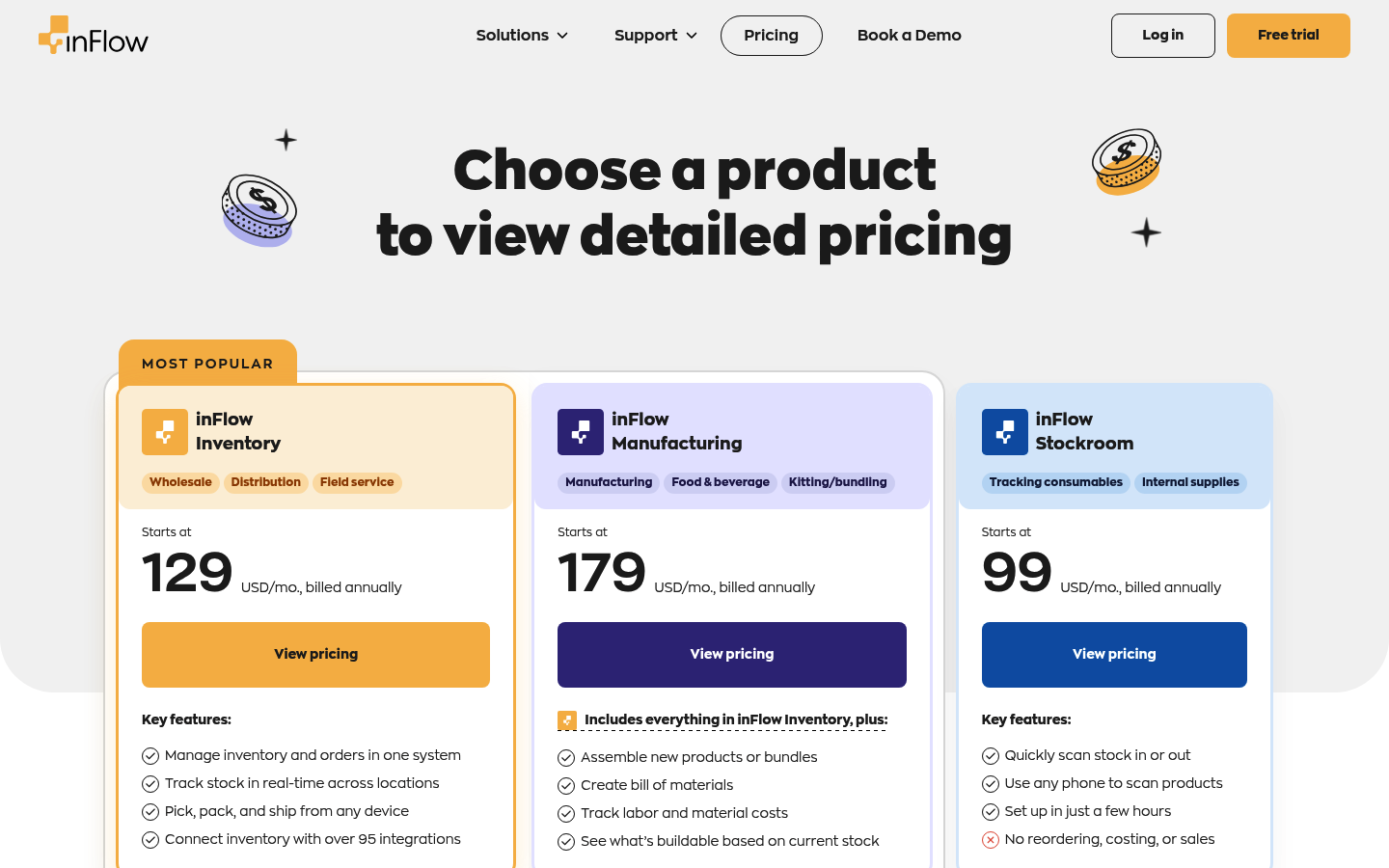 Screenshot of inFlow Inventory's pricing page showing its plans and prices