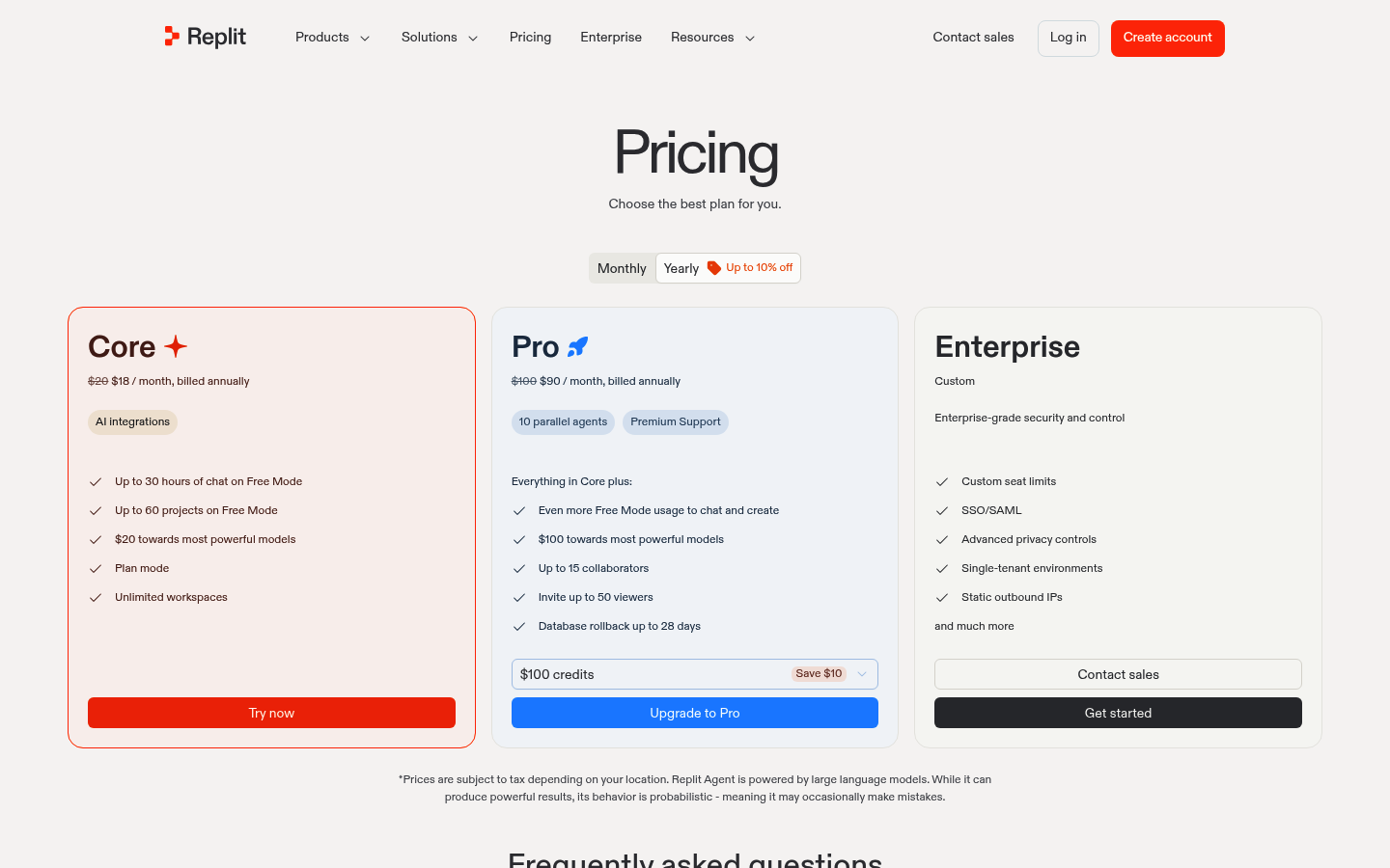 Screenshot of Replit's pricing page showing its plans and prices