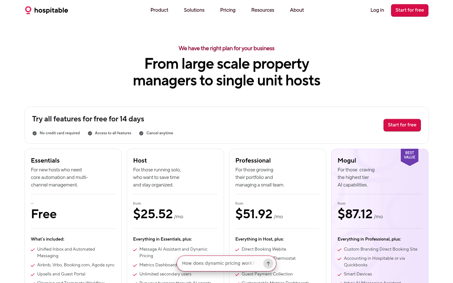 Screenshot of Hospitable's pricing page showing its plans and prices