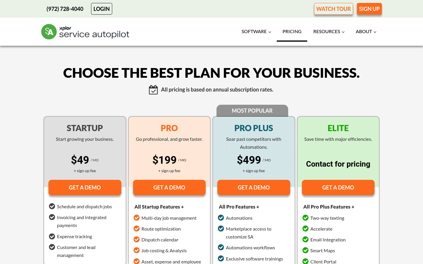 Screenshot of Service Autopilot's pricing page showing its plans and prices