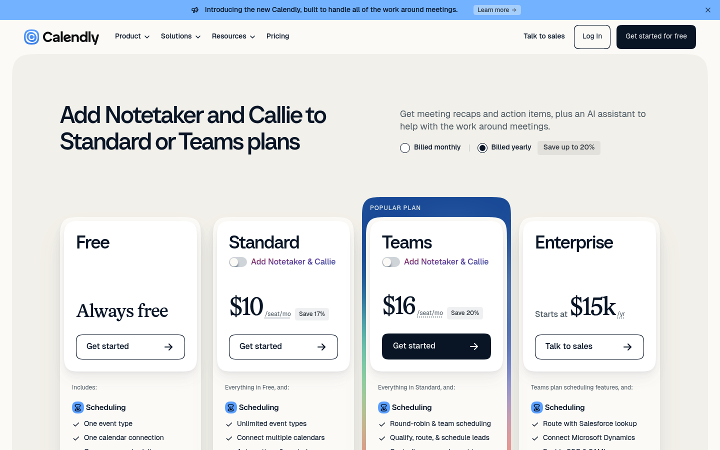 Screenshot of Calendly's pricing page showing its plans and prices