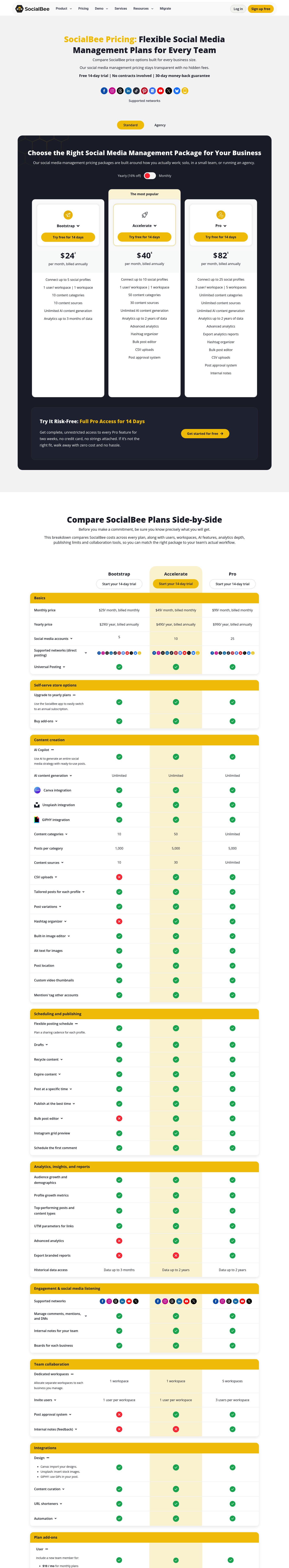Screenshot of SocialBee's pricing page showing its plans and prices