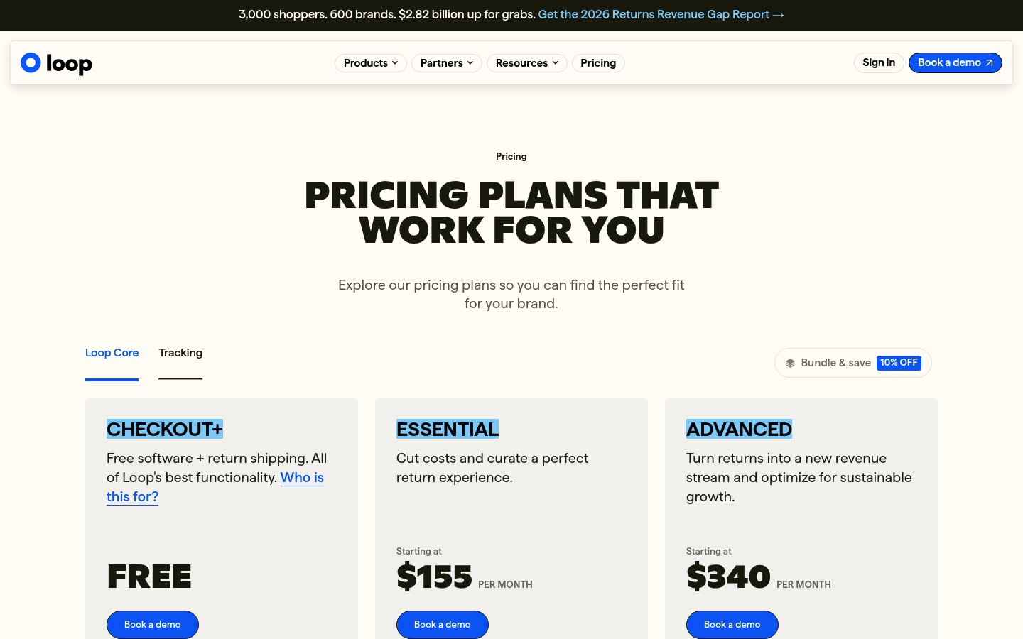 Screenshot of Loop Returns's pricing page showing its plans and prices