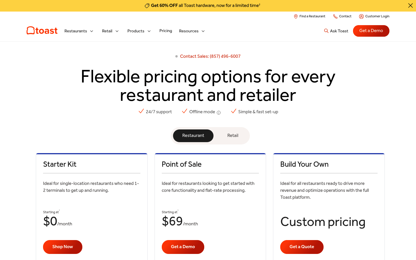 Screenshot of Toast's pricing page showing its plans and prices