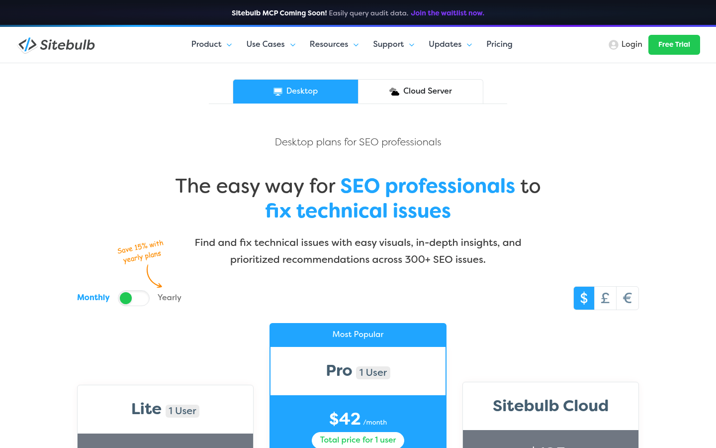 Screenshot of Sitebulb's pricing page showing its plans and prices