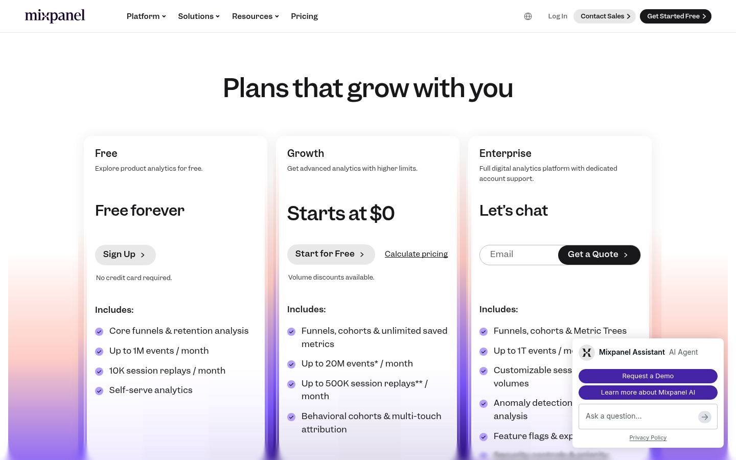 Screenshot of Mixpanel's pricing page showing its plans and prices