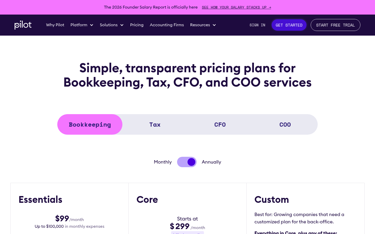 Screenshot of Pilot's pricing page showing its plans and prices