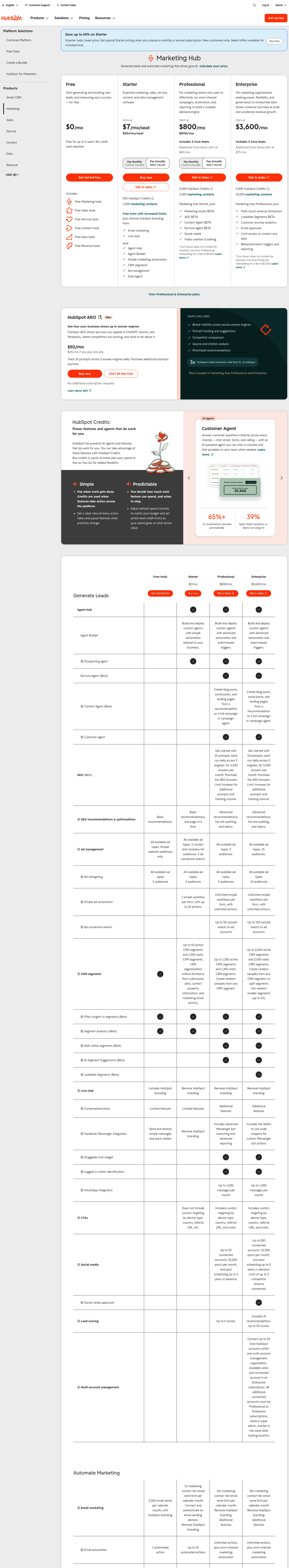Screenshot of HubSpot's pricing page showing its plans and prices