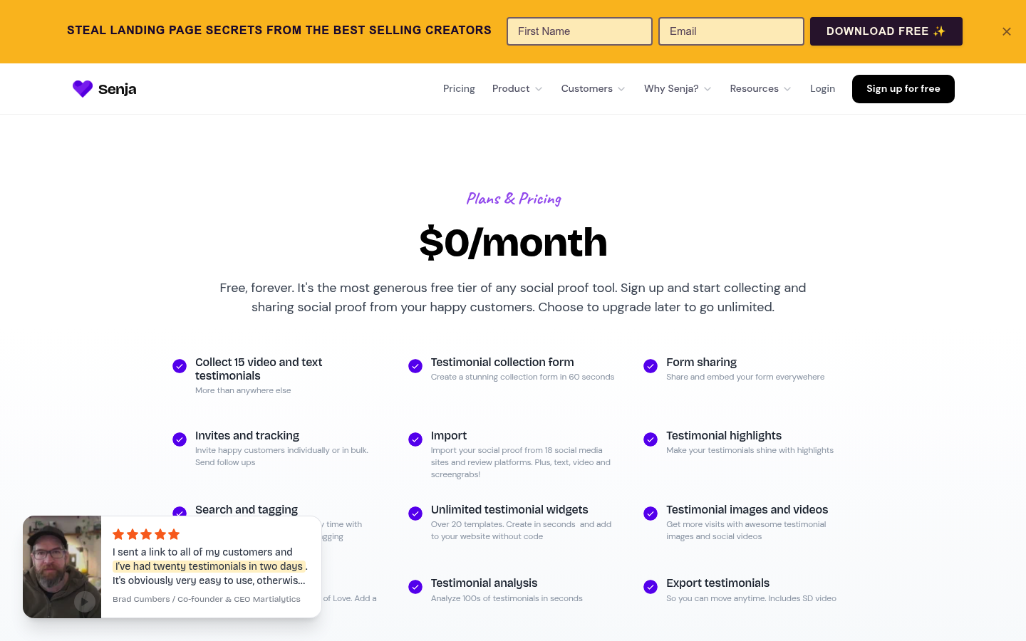 Screenshot of Senja's pricing page showing its plans and prices