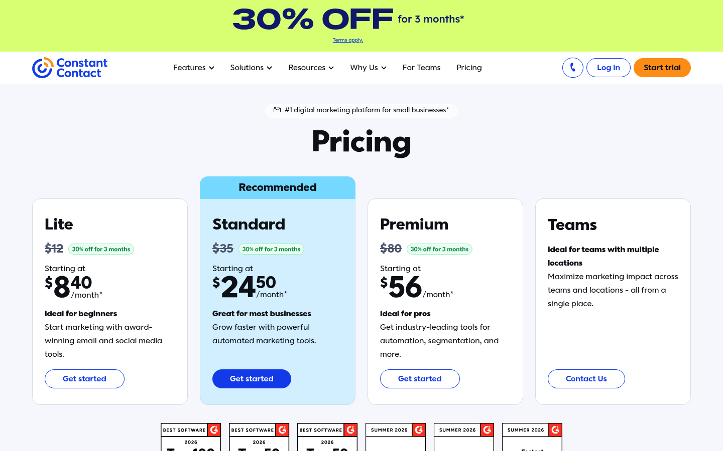 Screenshot of Constant Contact's pricing page showing its plans and prices