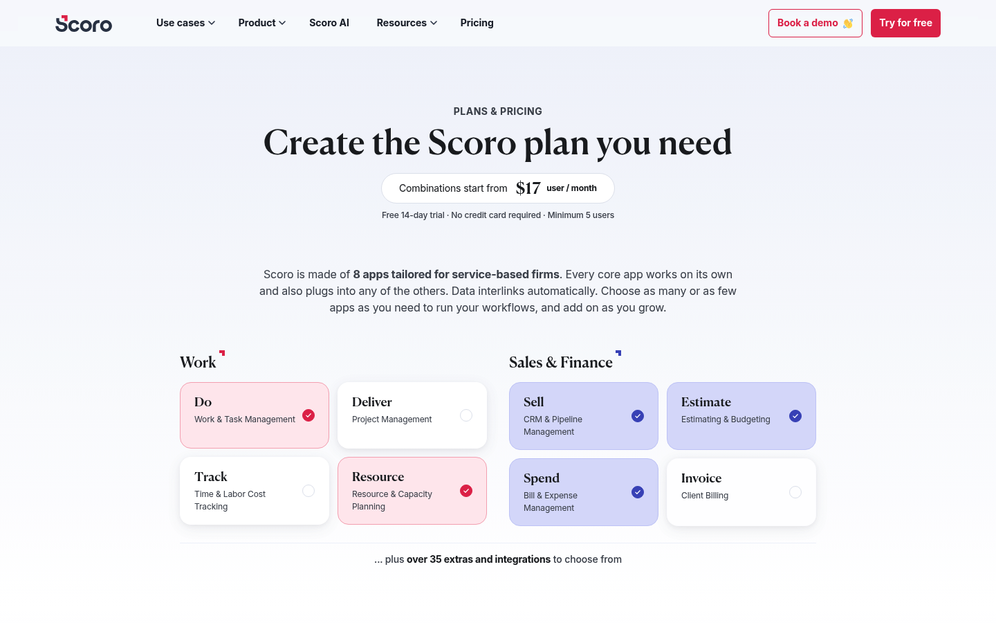 Screenshot of Scoro's pricing page showing its plans and prices