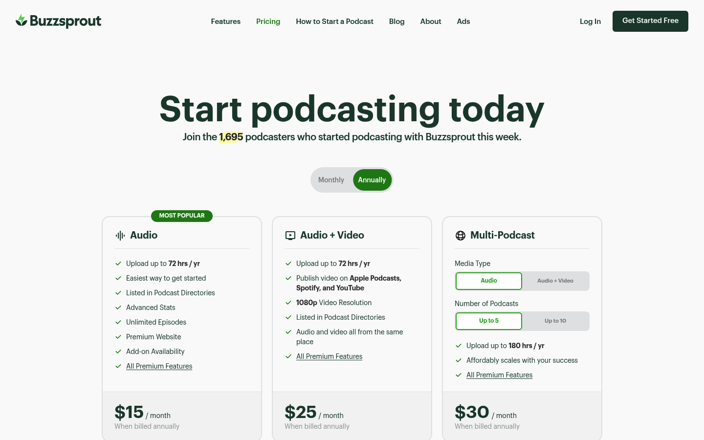 Screenshot of Buzzsprout's pricing page showing its plans and prices