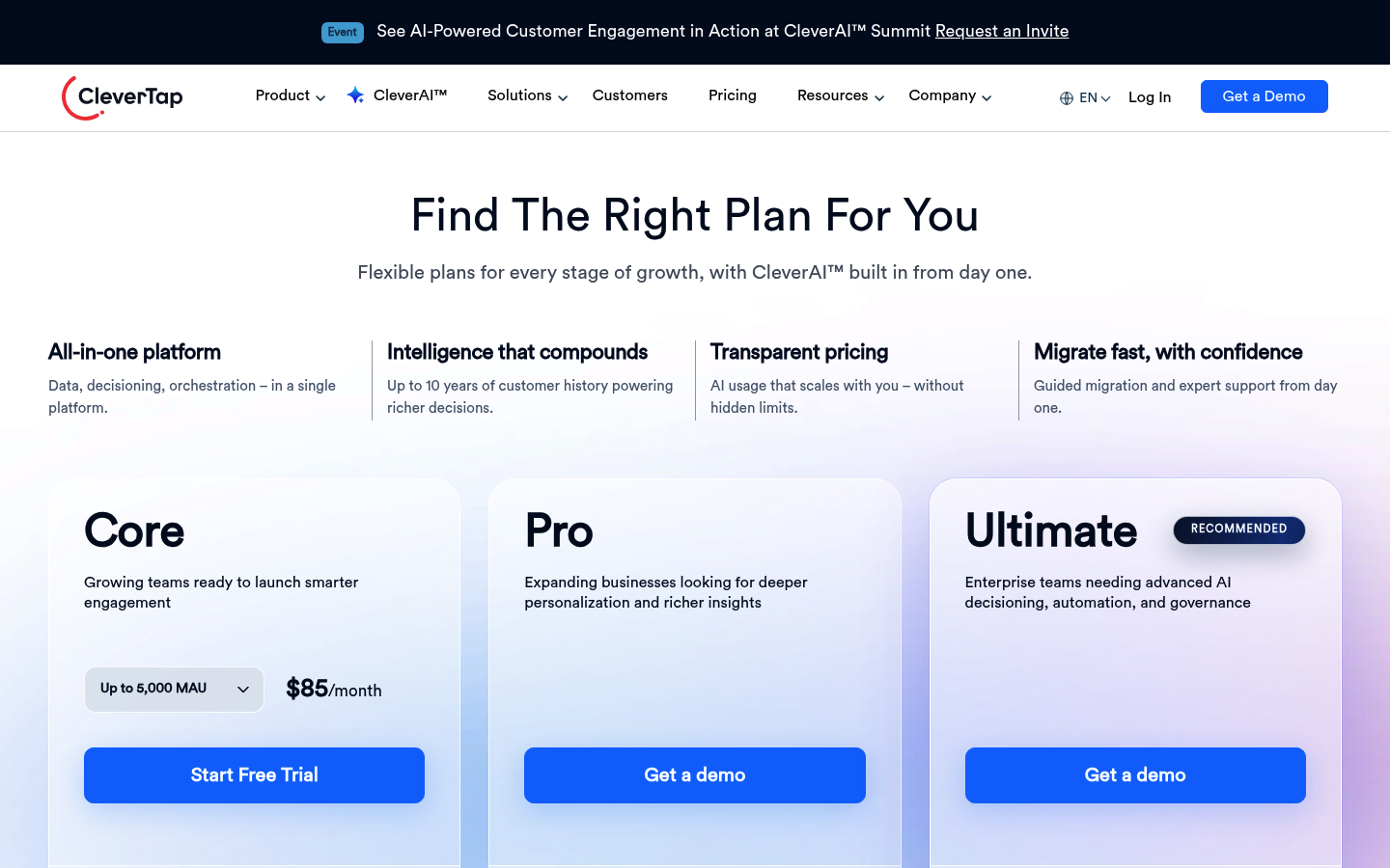 Screenshot of CleverTap's pricing page showing its plans and prices