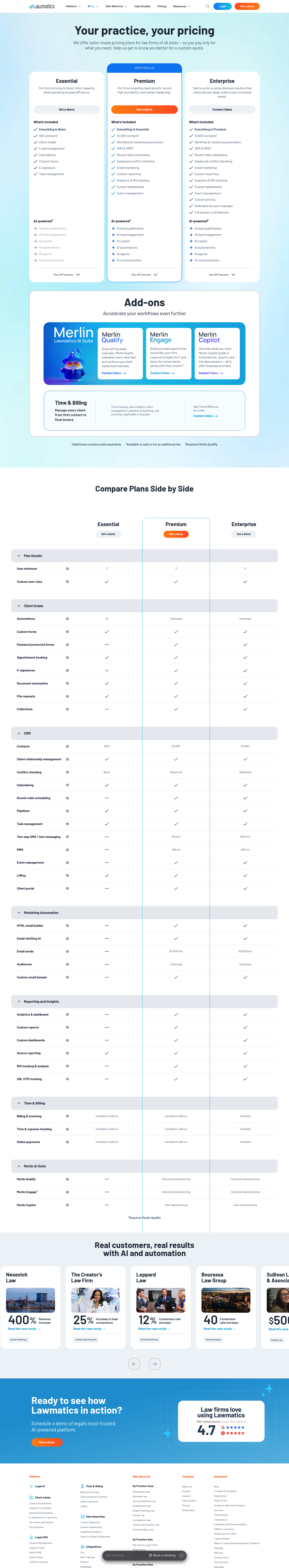 Screenshot of Lawmatics's pricing page showing its plans and prices