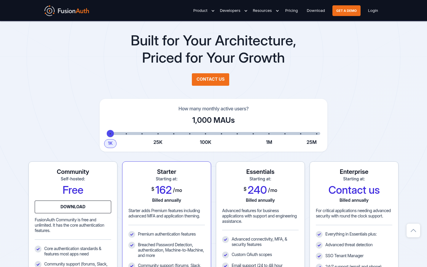 Screenshot of FusionAuth's pricing page showing its plans and prices