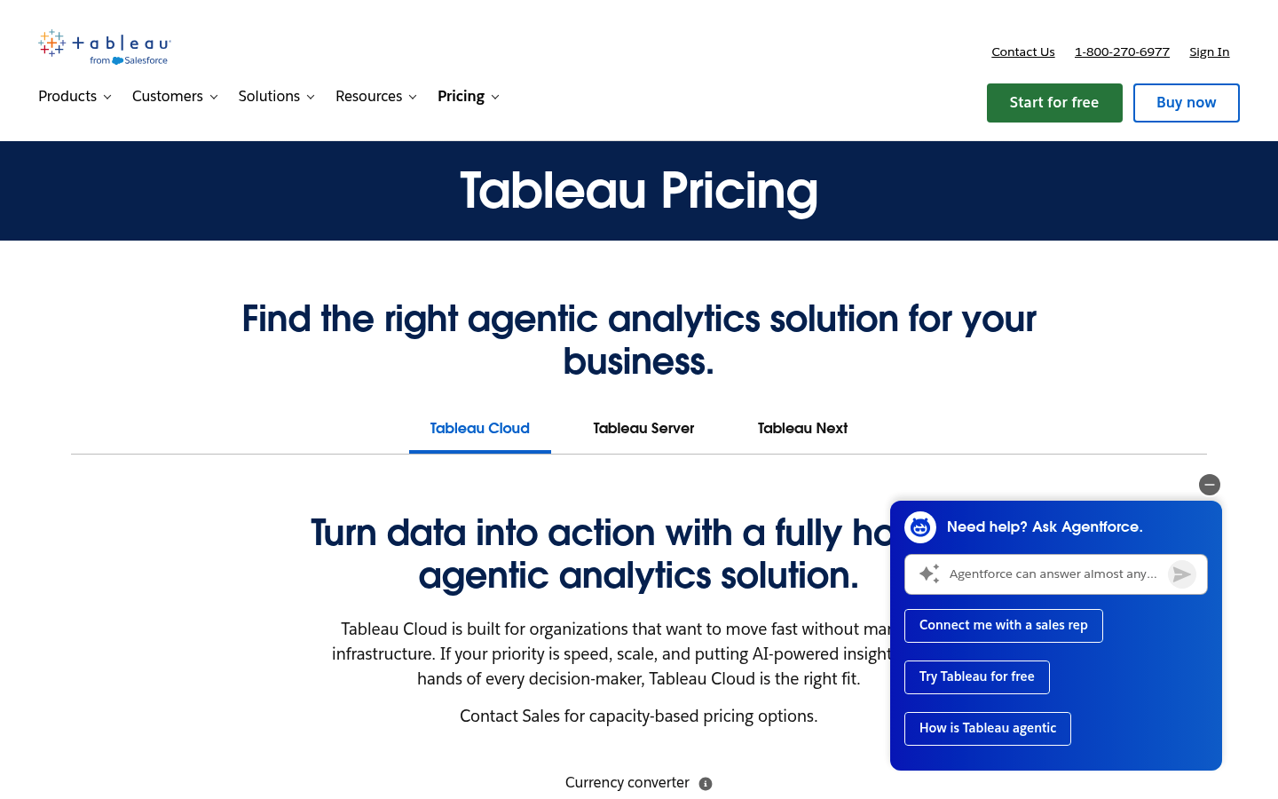 Screenshot of Tableau's pricing page showing its plans and prices