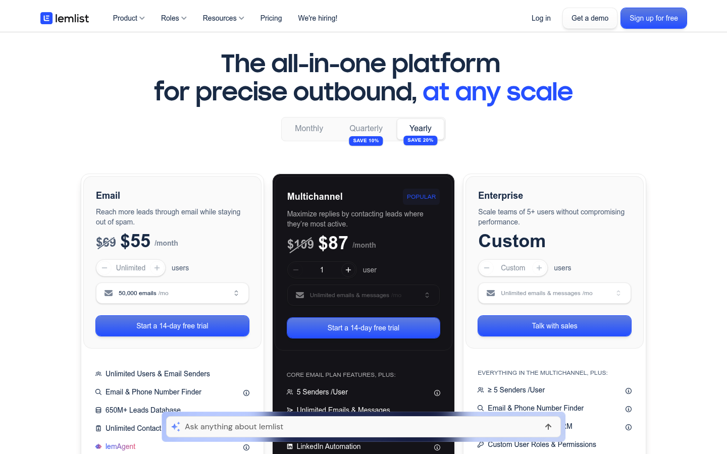 Screenshot of Lemlist's pricing page showing its plans and prices