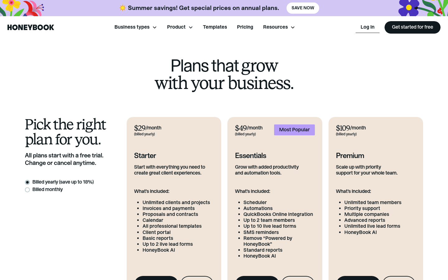 Screenshot of HoneyBook's pricing page showing its plans and prices