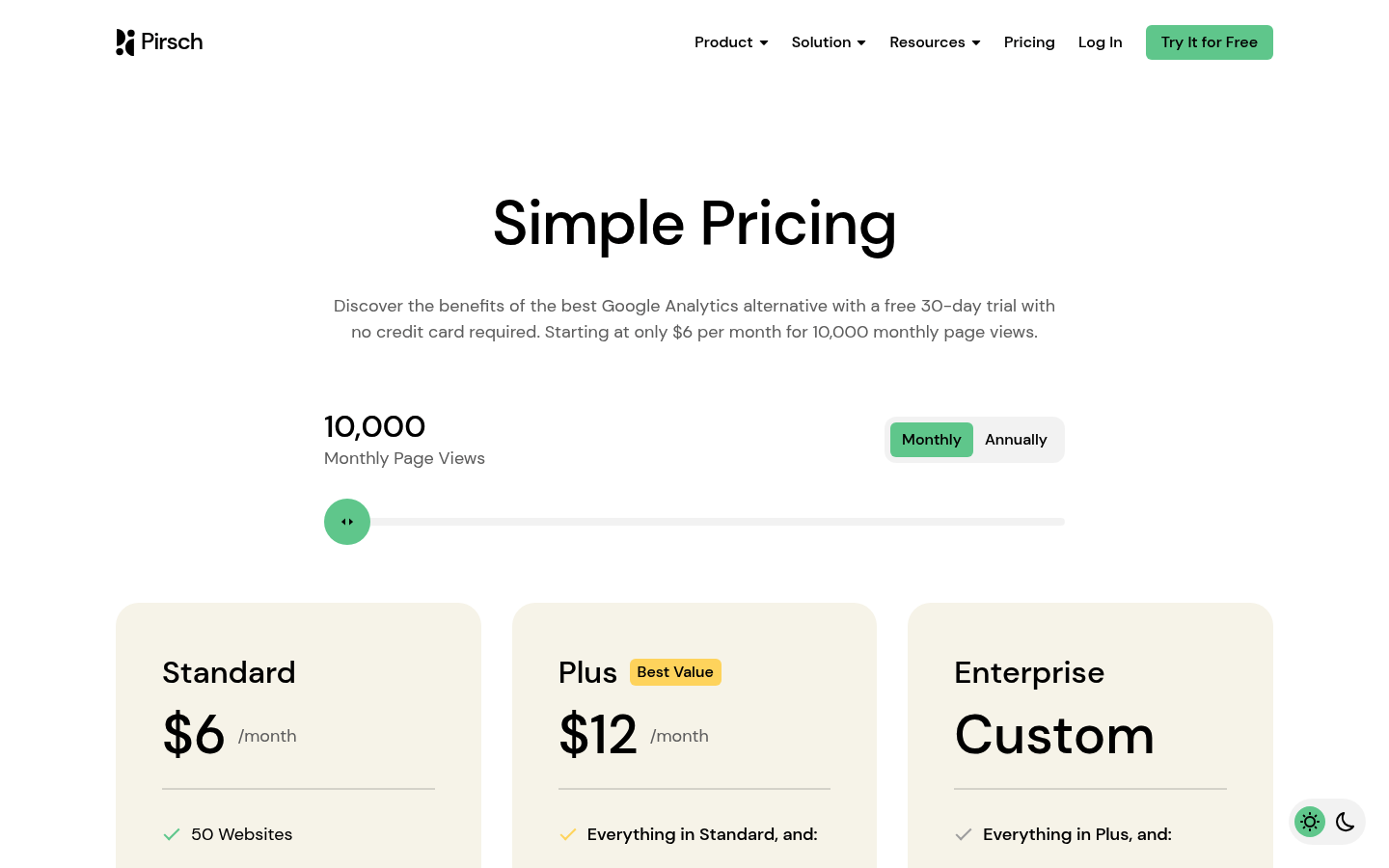 Screenshot of Pirsch's pricing page showing its plans and prices