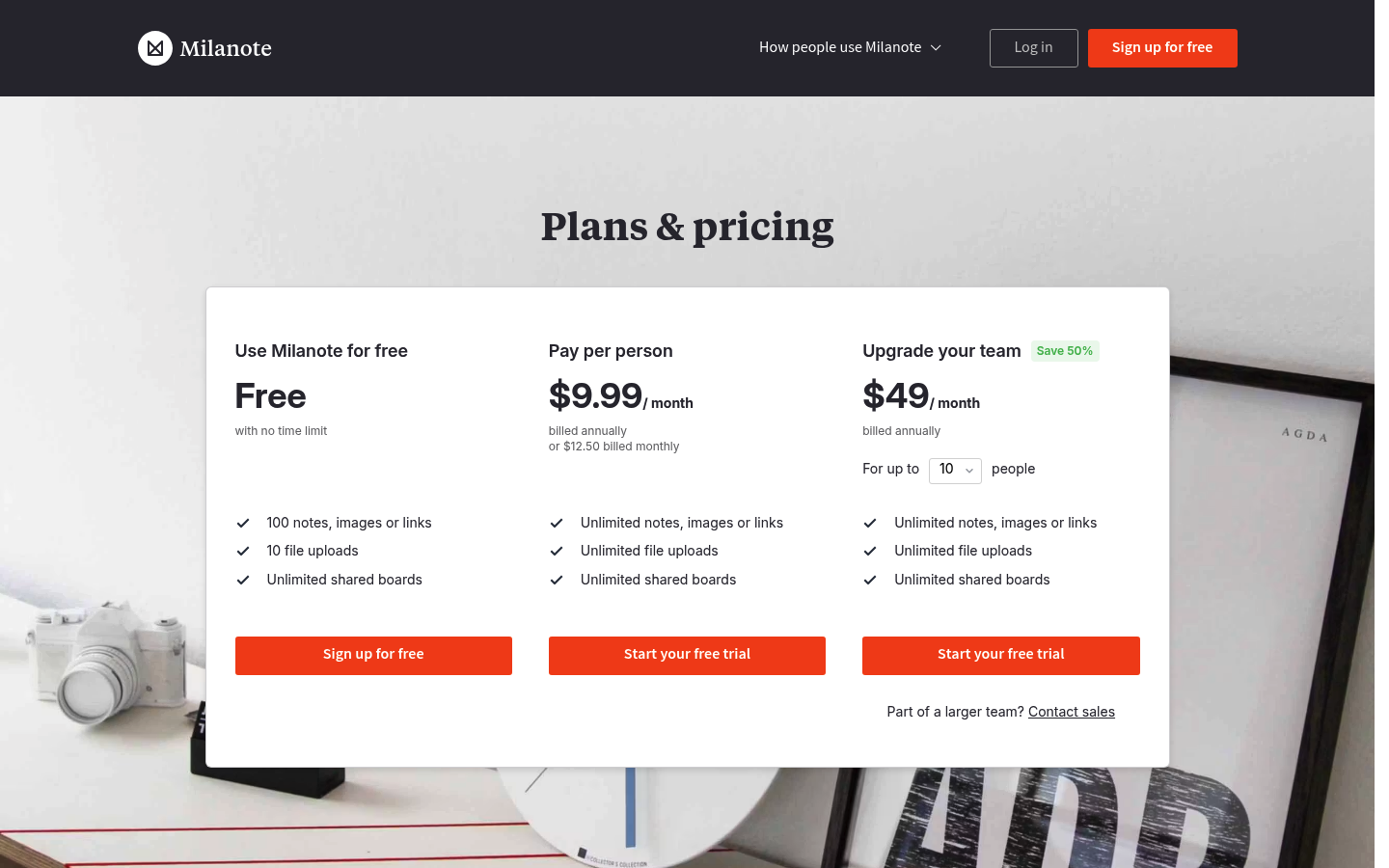 Screenshot of Milanote's pricing page showing its plans and prices