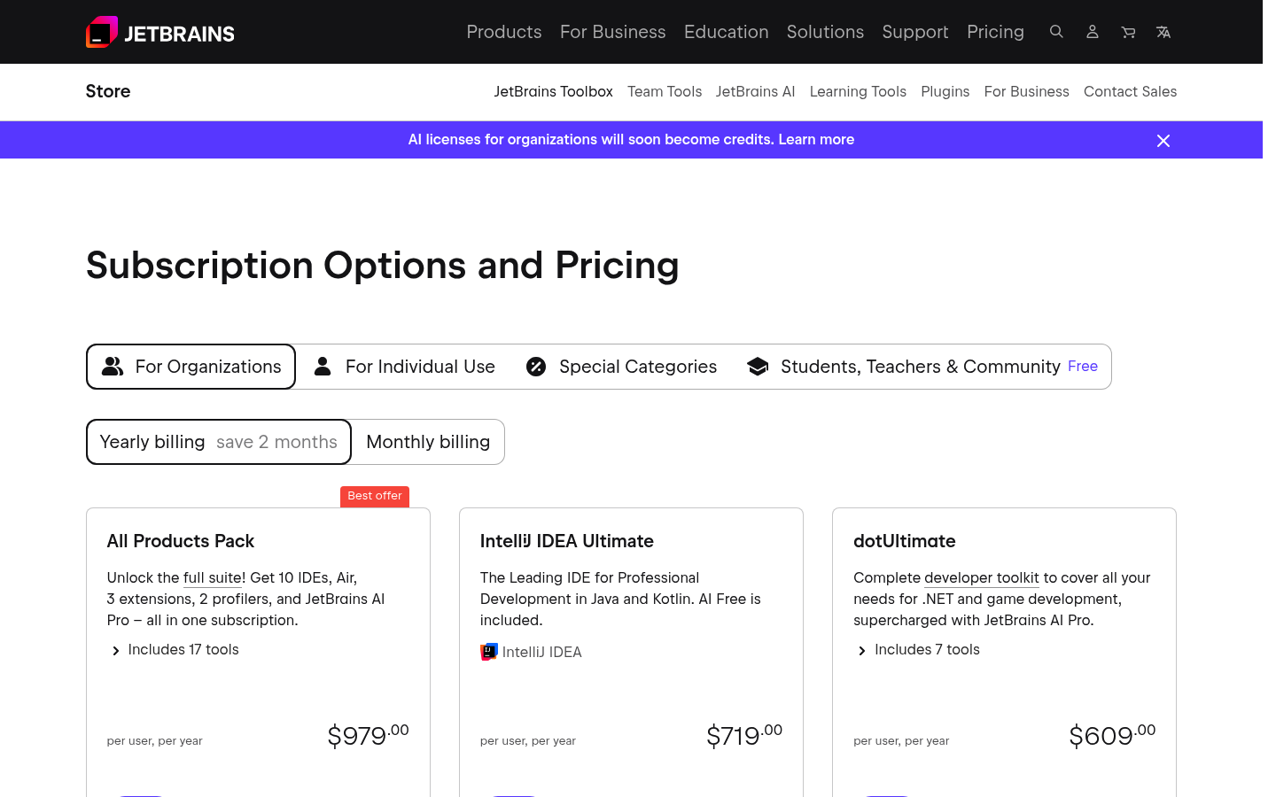 Screenshot of JetBrains's pricing page showing its plans and prices