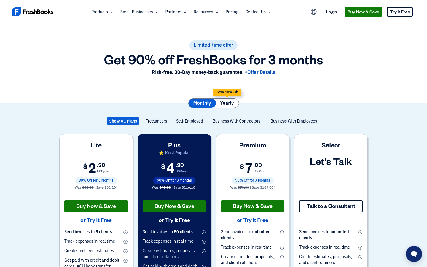 Screenshot of FreshBooks's pricing page showing its plans and prices