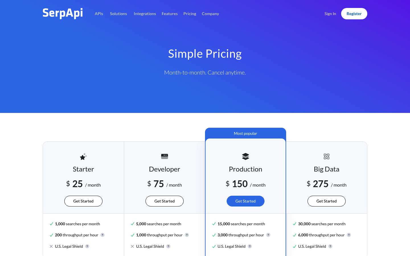 Screenshot of SerpApi's pricing page showing its plans and prices