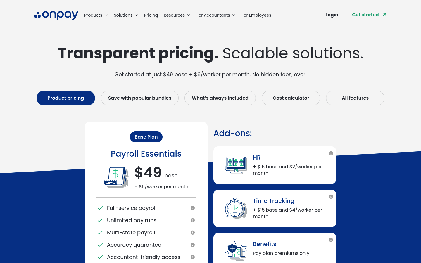 Screenshot of OnPay's pricing page showing its plans and prices