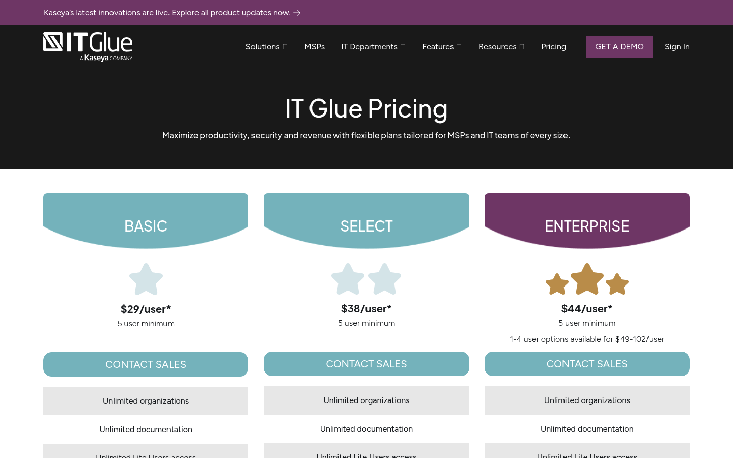 Screenshot of IT Glue's pricing page showing its plans and prices