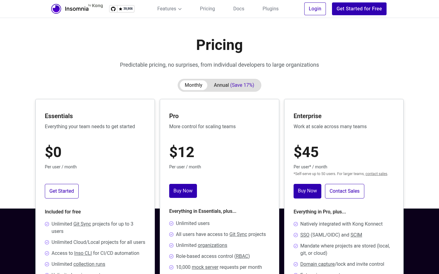 Screenshot of Insomnia's pricing page showing its plans and prices