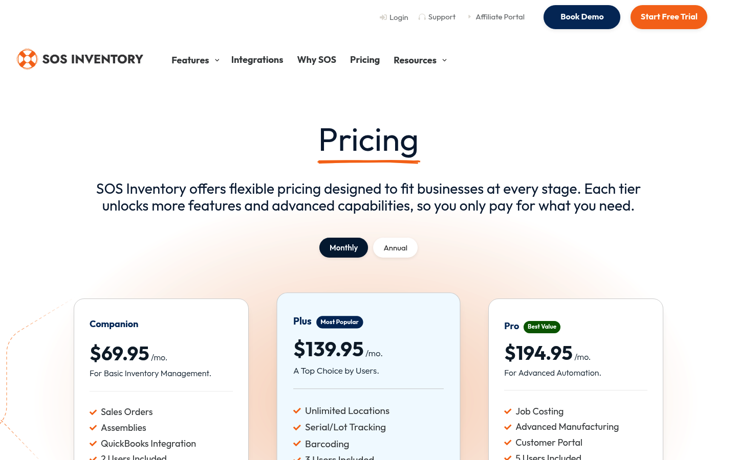 Screenshot of SOS Inventory's pricing page showing its plans and prices