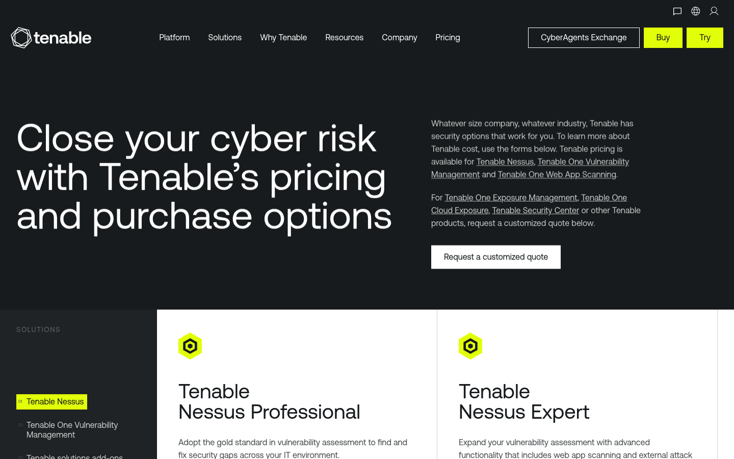 Screenshot of Tenable's pricing page showing its plans and prices