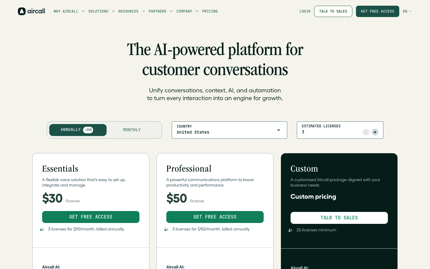 Screenshot of Aircall's pricing page showing its plans and prices