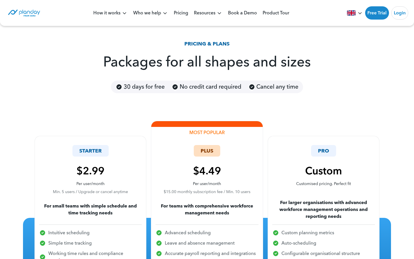 Screenshot of Planday's pricing page showing its plans and prices