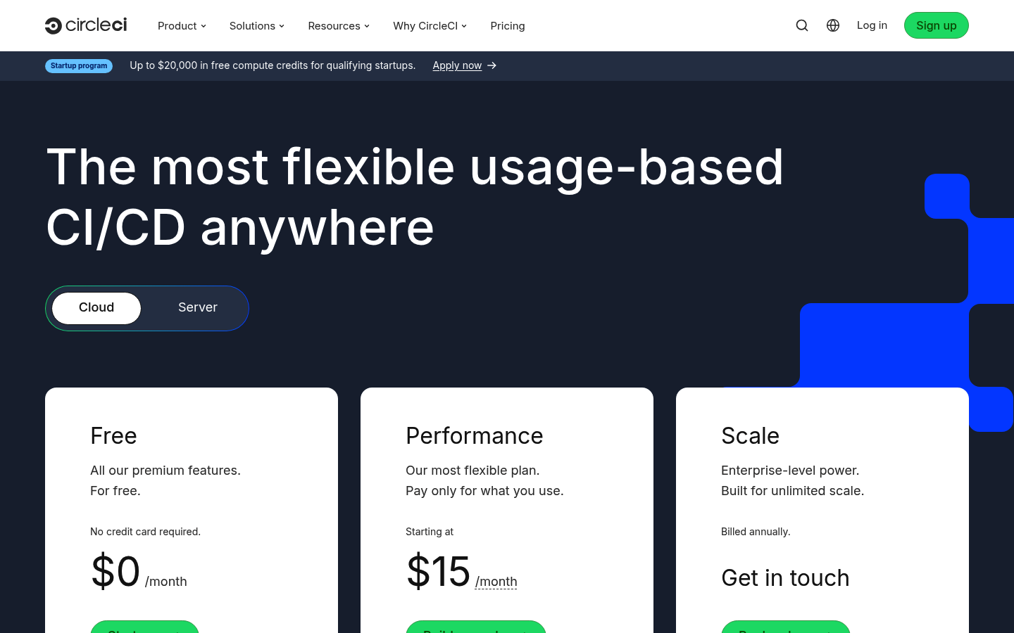 Screenshot of CircleCI's pricing page showing its plans and prices