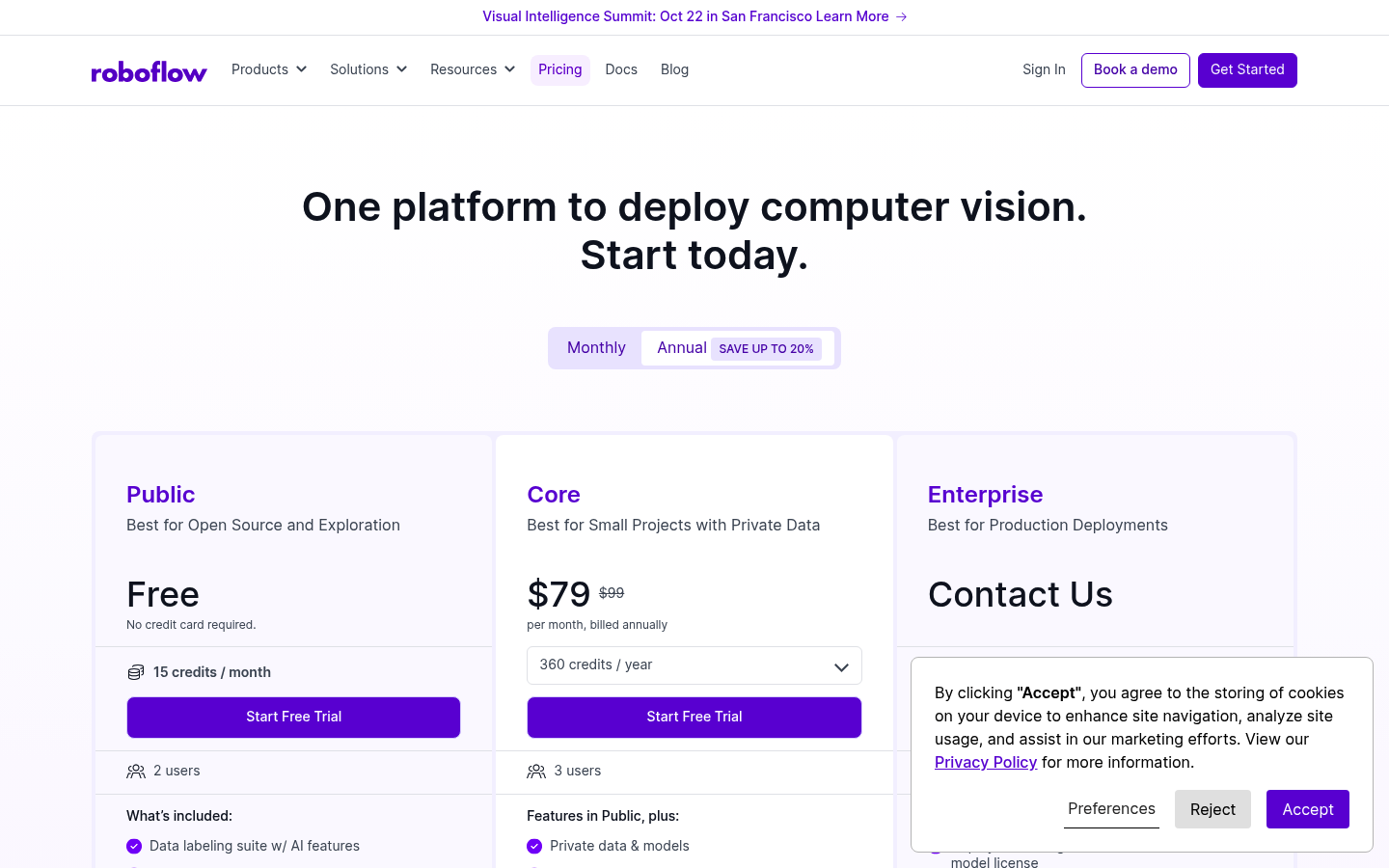 Screenshot of Roboflow's pricing page showing its plans and prices