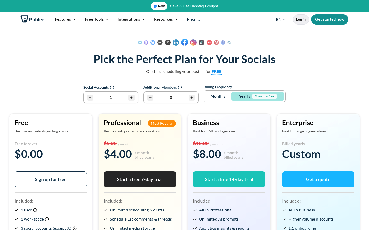 Screenshot of Publer's pricing page showing its plans and prices