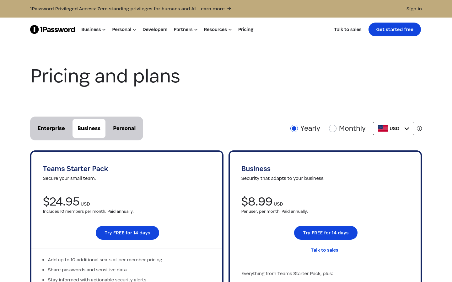 Screenshot of 1Password's pricing page showing its plans and prices