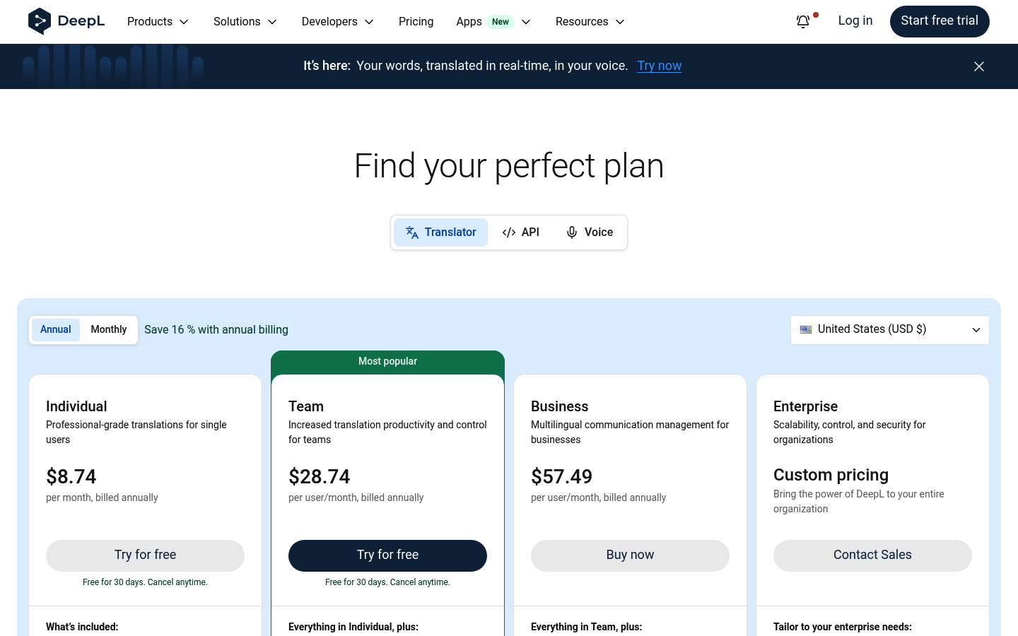 Screenshot of DeepL's pricing page showing its plans and prices