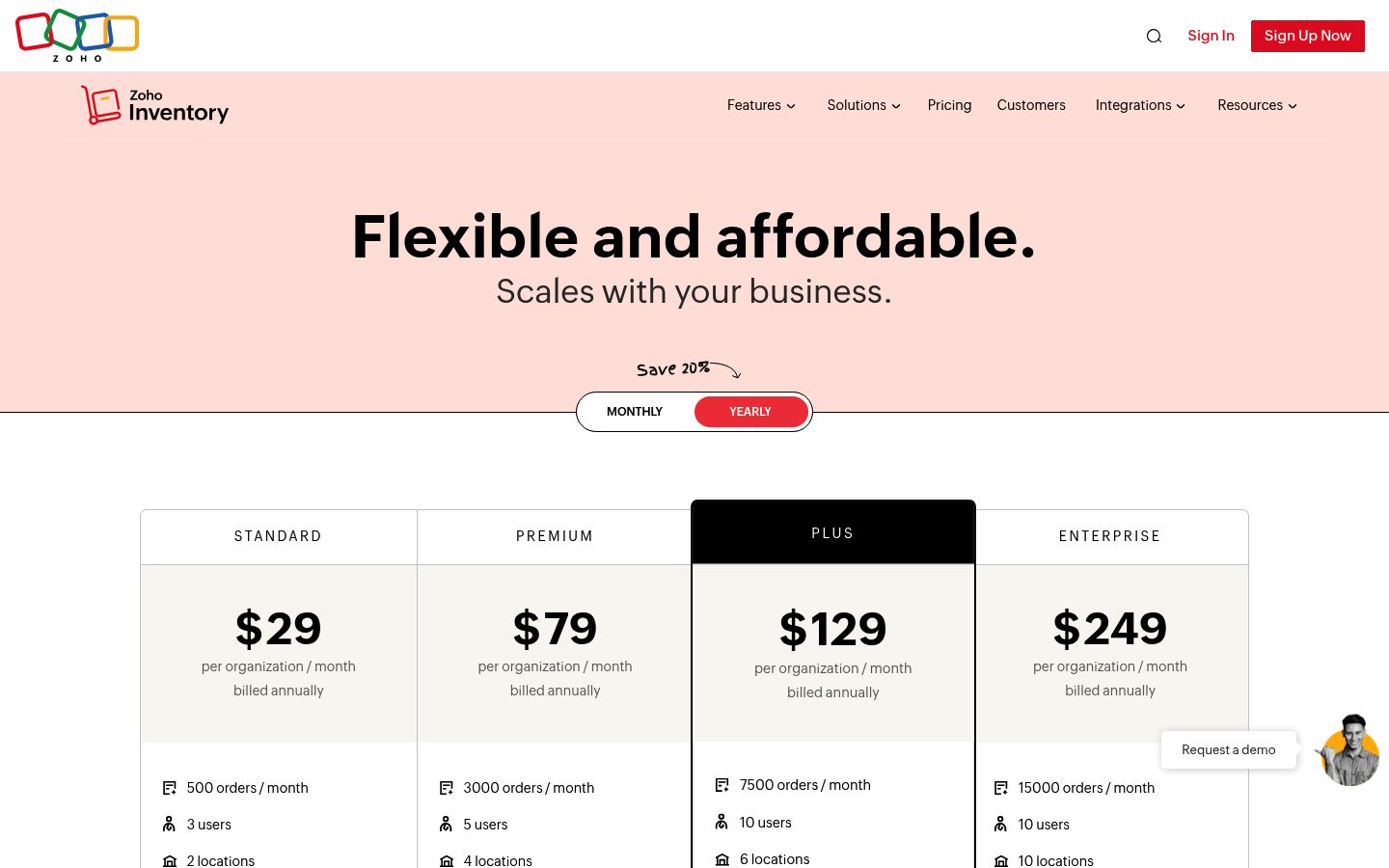 Screenshot of Zoho Inventory's pricing page showing its plans and prices