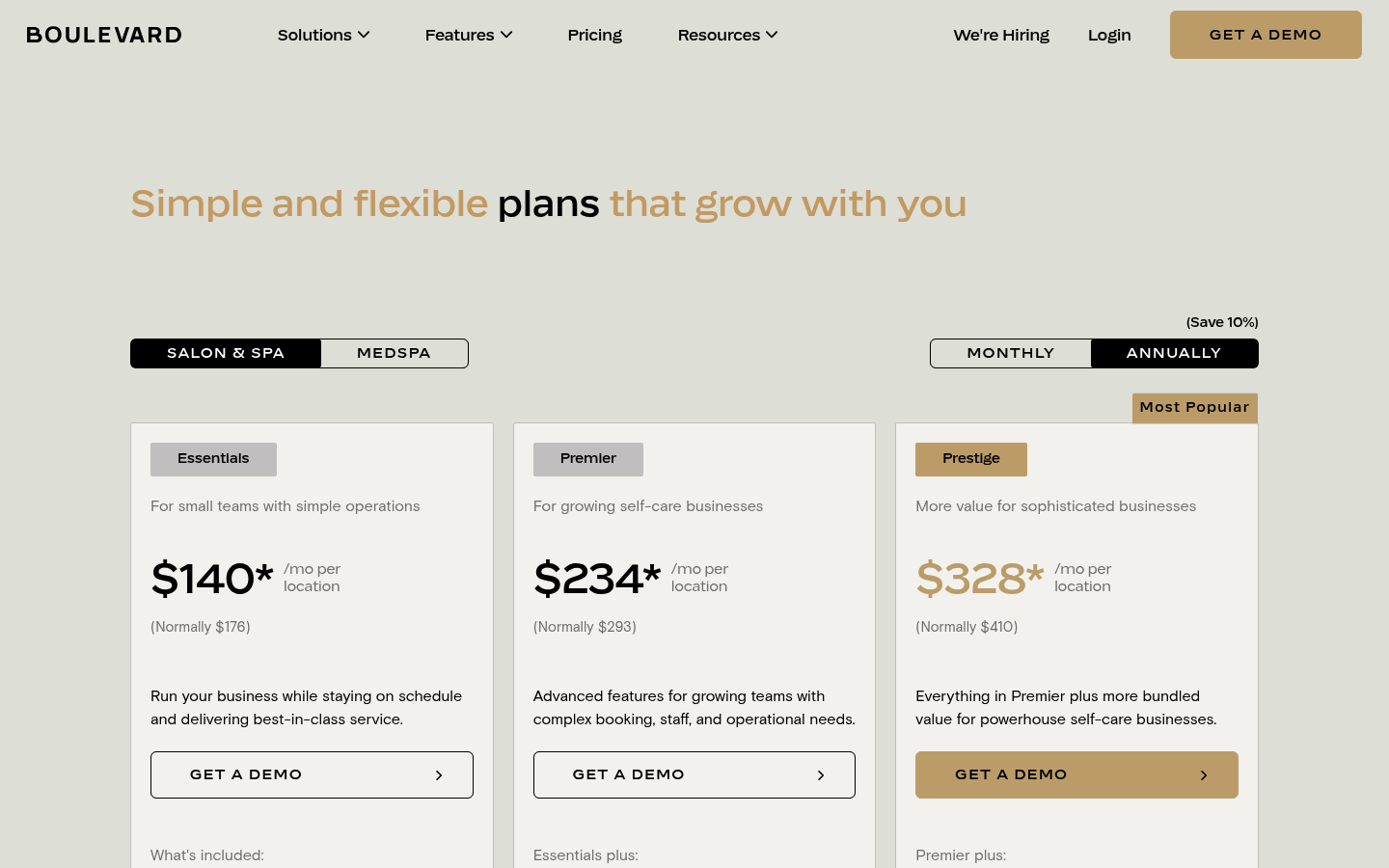 Screenshot of Boulevard's pricing page showing its plans and prices