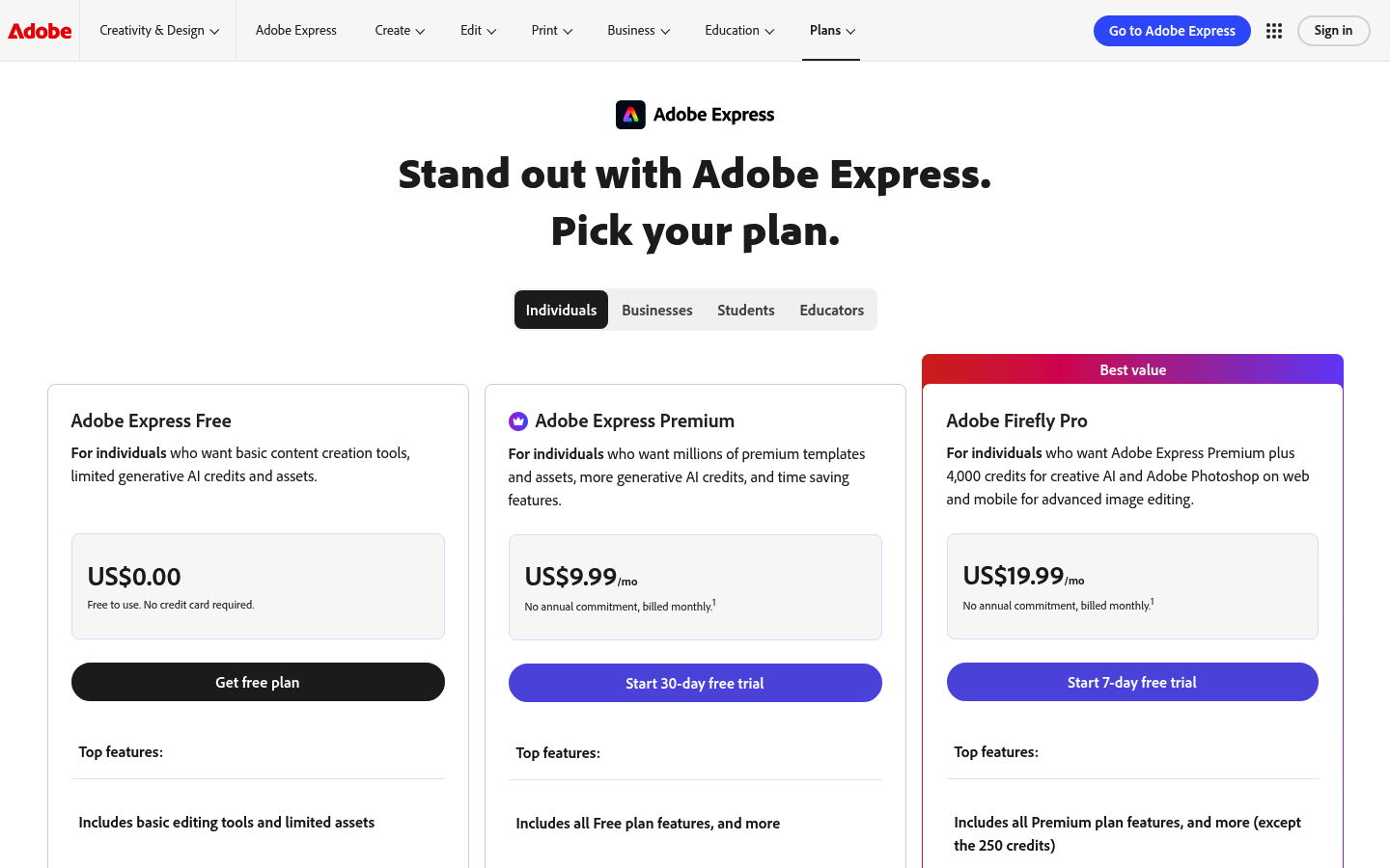 Screenshot of Adobe Express's pricing page showing its plans and prices