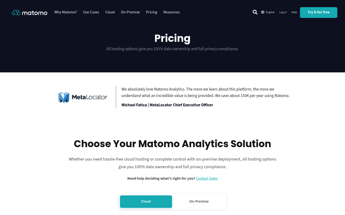 Screenshot of Matomo's pricing page showing its plans and prices