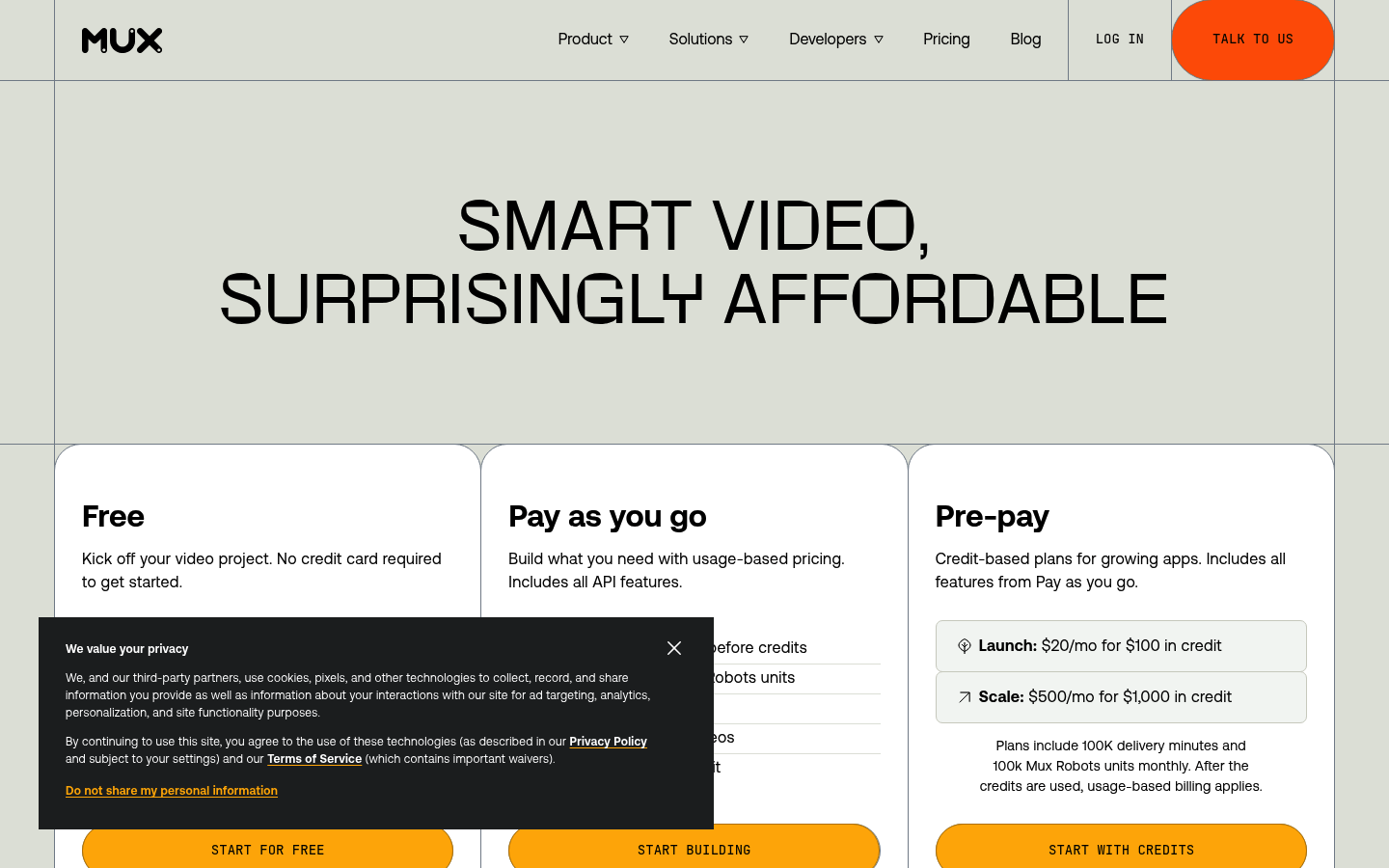Screenshot of Mux's pricing page showing its plans and prices