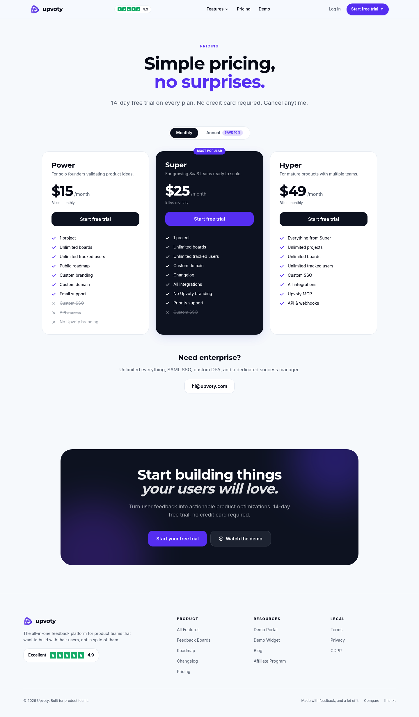 Screenshot of Upvoty's pricing page showing its plans and prices