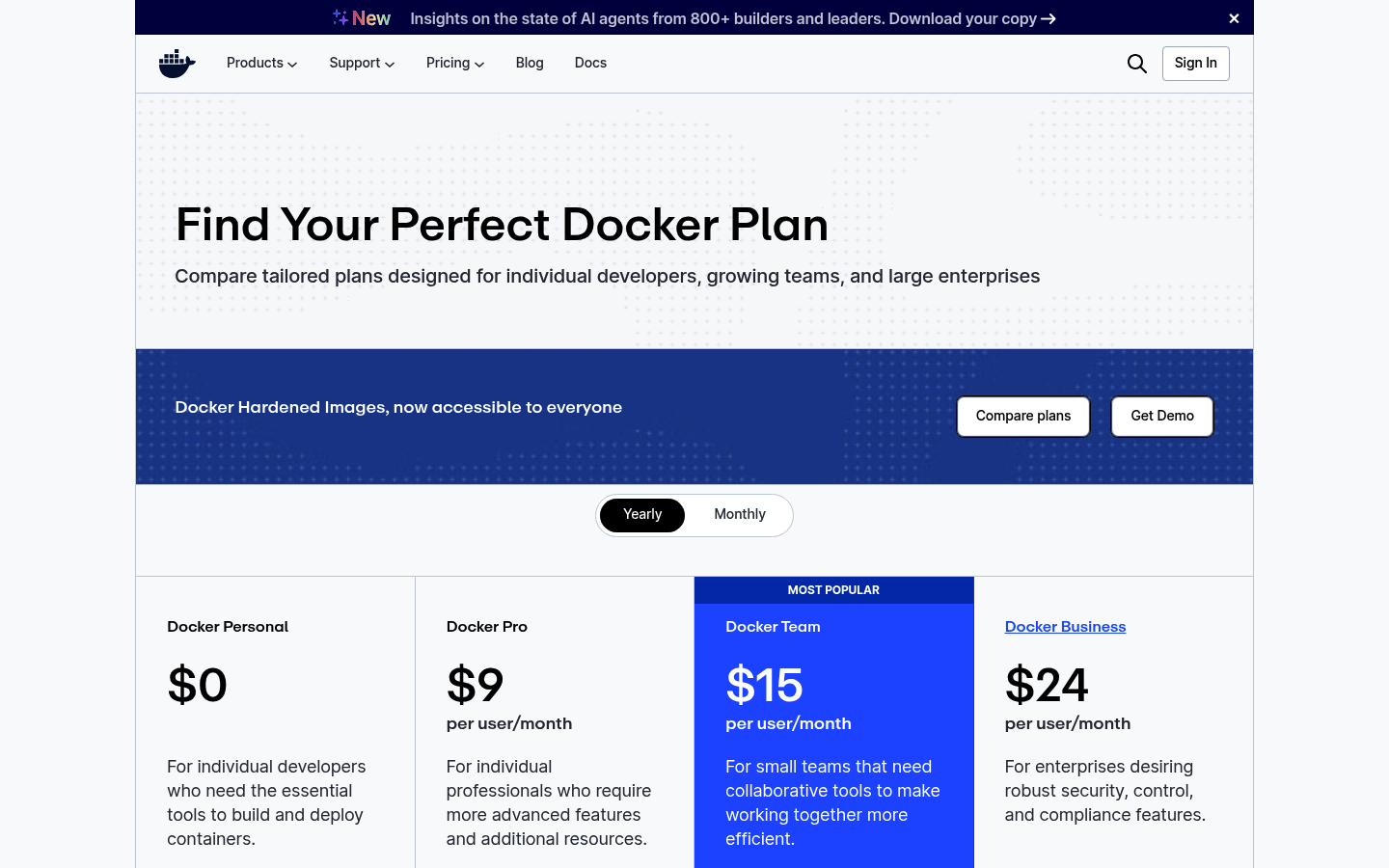 Screenshot of Docker's pricing page showing its plans and prices