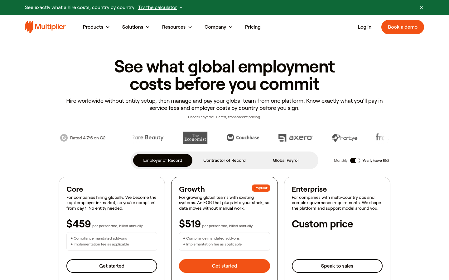 Screenshot of Multiplier's pricing page showing its plans and prices