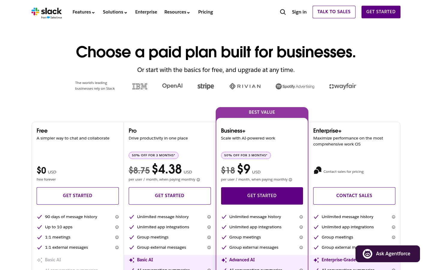 Screenshot of Slack's pricing page showing its plans and prices