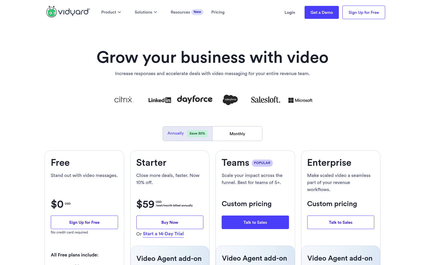Screenshot of Vidyard's pricing page showing its plans and prices
