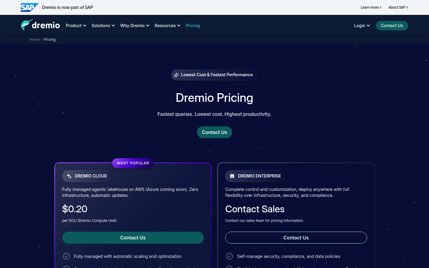 Screenshot of Dremio's pricing page showing its plans and prices